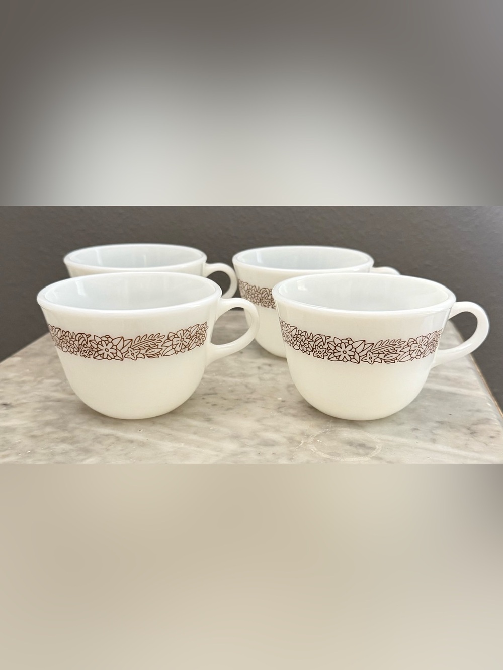 Pyrex White Ceramic Mugs with Brown Floral Band - Set of 4